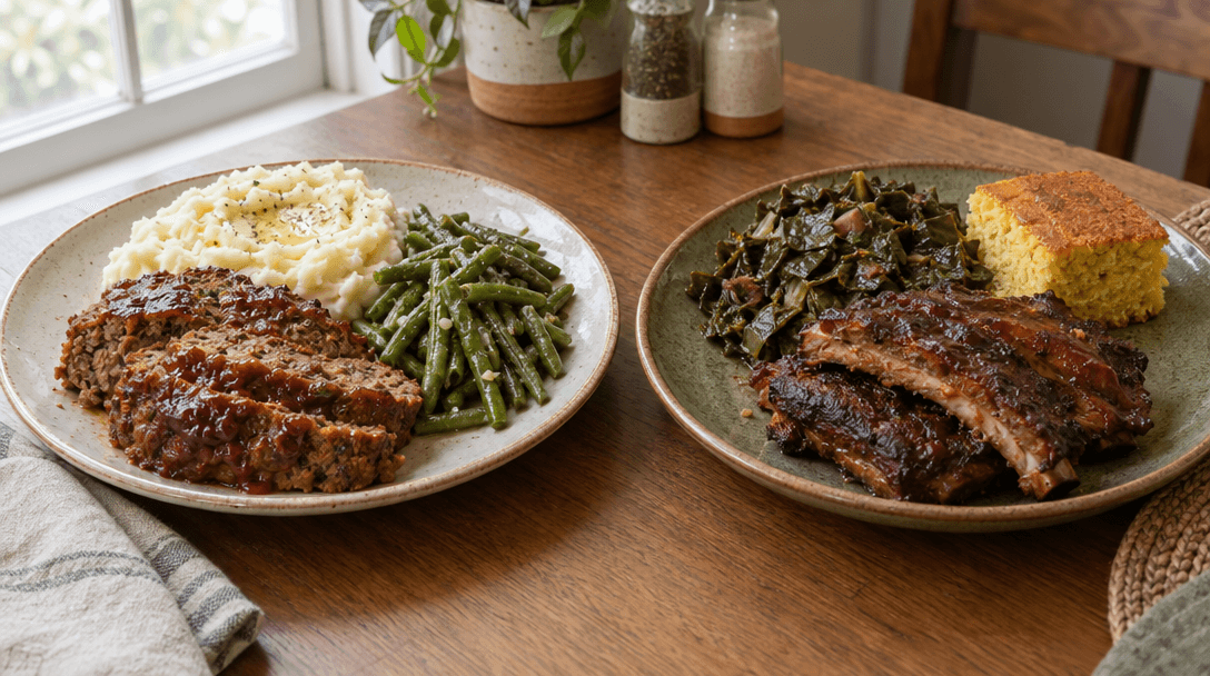 Meatloaf, mashed potatoes and green beans beside barbecue ribs, collard greens and cornbread on a home kitchen table