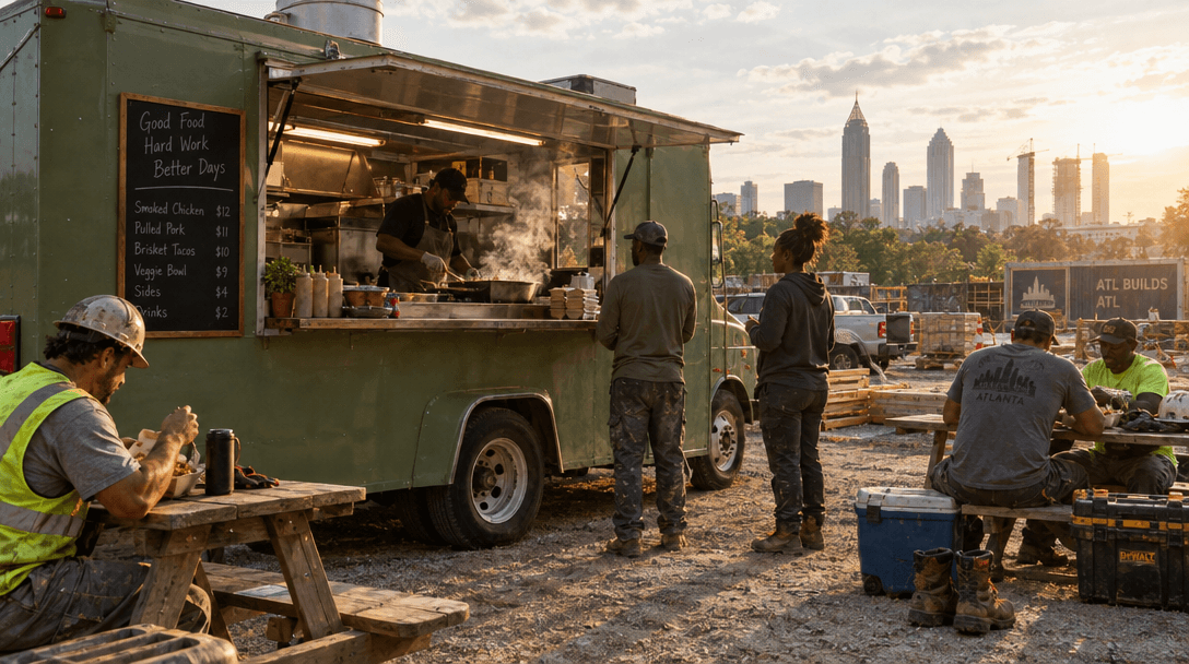 Sage-green food truck at a crew break area